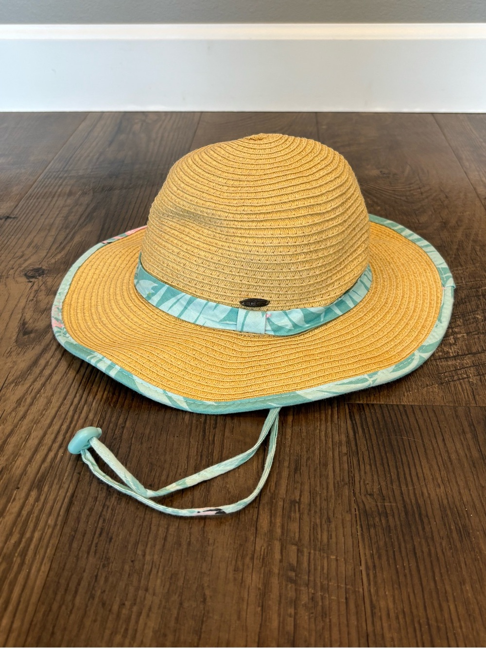 Girl Toddler CC  Straw Sun Beach Hat with Aqua/ Flamingo Trim & Drawstring